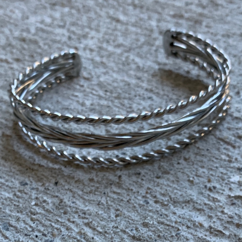 Adjustable Cuff Bracelet - Silver Tone - Twisted Braided Wire - 1980s Retro